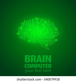Human Brain Logo in form of Electronic brain computer,Neurology Conception.Silicon chips in form of Cerebrum and Cerebellum with mind thoughts shines,text Brain Computer on green luminous background