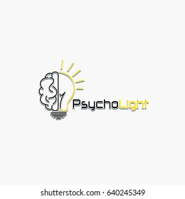 Human brain logo with a light bulb on a white background in cartoon style. Emblem for companies with a psychological, creative direction. Vector illustration