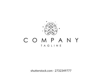 Logotipo do cérebro humano com folhas de galho de árvore em estilo de design de arte de linha natural