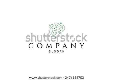 Human brain logo with tree twig leaves in natural line art design style