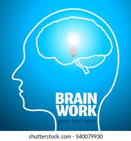 Human Brain Logo,Neurology Anatomical Conception.Cerebrum and Cerebellum w Medical Logo Brain Work.Mind Thoughts shines like thought bulb in human head logo silhouette on blue luminous background