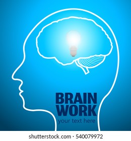 Human Brain Logo,Neurology Anatomical Conception.Cerebrum and Cerebellum w Medical Logo Brain Work.Mind Thoughts shines like thought bulb in human head logo silhouette on blue luminous background