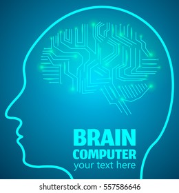 Human Brain Logo,Neurology Anatomical Conception.Silicon chips w synapses in shape of Cerebrum Cerebellum w text Brain computer on blue luminous background.Brain Thought lights shines as Brain works