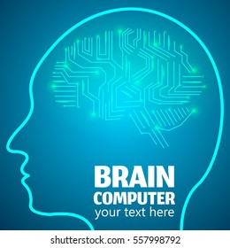 Human Brain Logo,Neurology Anatomical Conception.Silicon chips w synapses in shape of Cerebrum Cerebellum w text Brain computer on blue luminous background.Brain Thought lights shines as Brain works