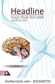 Human brain in low poly cover design. Good for medical banner, report, journal, conference, magazine. Vector.
