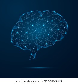 Menschliches Gehirn mit schwindelerregenden, vernetzten Punkten mit niedriger Poly. Futuristische innere Orgel mit dreieckigen blauen Formen. Vektorgrafik einzeln auf dunkelblauem Hintergrund.
