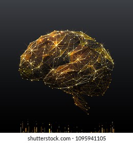 Human Brain. Low poly wireframe illustration of brain in gold style. Polygonal vector image in RGB color. Best idea concept.