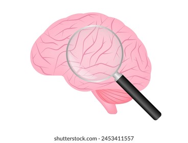 Human Brain with Magnifying Glass. Brain Analysis. Mental Health and Brain Diseases Concept. Vector Illustration. 