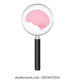 Menschliches Gehirn mit Lupe. In: Brain Analysis. In: Mental Health and Brain Diseases Concept. Vektorillustration. 
