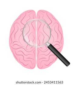 Human Brain with Magnifying Glass. Brain Analysis. Mental Health and Brain Diseases Concept. Vector Illustration. 