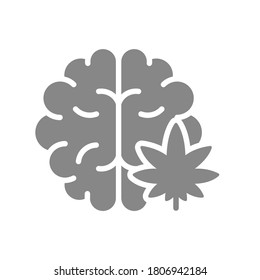 Cerebro humano con icono gris de marihuana. Símbolo de tratamiento de cannabis.