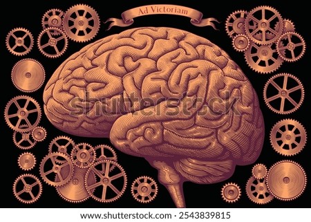 Human brain and mechanism. Design set. Editable hand drawn illustration. Vector vintage engraving. Isolated on black background. 8 EPS