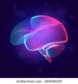 Human brain medical structure. Outline vector illustration of body part organ anatomy in 3d line art style on neon abstract background