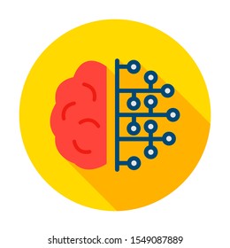 Human Brain Microchip Circle Icon. Vector Illustration with Long Shadow. Business Item.