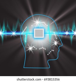 Human brain with a microcircuit in the head, concept of working with a pulse band with Glowing Lights, Sound waves oscillating glow , robot technology background , vector illustration.