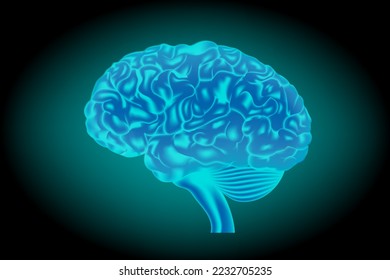 Human brain in neon glow on a dark background. Side view. Vector illustration