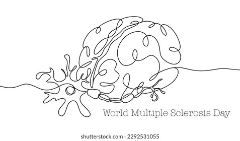 The human brain is a nerve cell. Neuron with damaged myelin. World MS Day. One line drawing for different uses. Vector illustration.