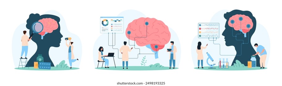 Human brain and nervous system, neurology diagnosis and treatment set. Tiny people research brain in human head with wires of electroencephalography, examine pain spot cartoon vector illustration