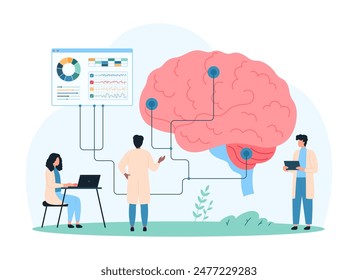 Human brain and nervous system, neuroscience disease research and diagnosis by neurologists. Tiny people test brain with connected wires of electroencephalography cartoon vector illustration