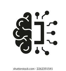 Human Brain and Network Chip Technology Pictogram. AI Innovation Concept Silhouette Icon. Artificial Intelligence Neuroscience Glyph Icon. Isolated Vector Illustration.