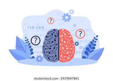 Human brain with neural connections and question marks vector illustration. Binary system elements. Chat bot inaccuracies and underdevelopment of chat transformer, errors concept