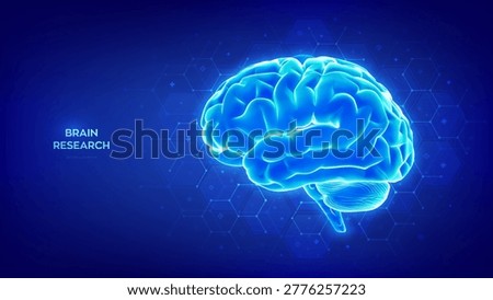 Human brain. Brain on blue medical background with hexagons. Medical, science, neurology, anatomy, concept related to thinking, intelligence and cognition. Molecular structure. Vector illustration.