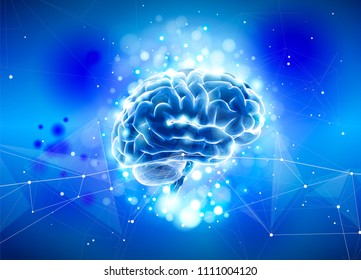 Human brain on a blue technological background surrounded by information fields, neural networks, Internet webs - the concept of modern technology, biotechnology, artificial intelligence / vector draw