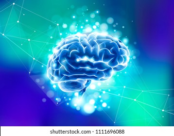 Human brain on a blue technological background surrounded by information fields, neural networks, Internet webs - the concept of modern technology, biotechnology, artificial intelligence / vector draw