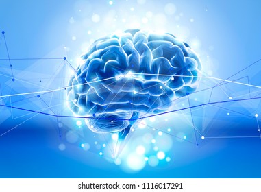 Human brain on a blue technological background surrounded by information fields, neural networks, Internet webs - the concept of modern technology, biotechnology, artificial intelligence / vector draw