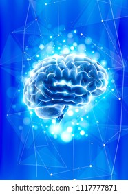 Human brain on a blue technological background surrounded by information fields, neural networks, Internet webs - the concept of modern technology, biotechnology, artificial intelligence / vector draw