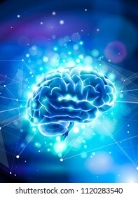 Human brain on a blue technological background surrounded by information fields, neural networks, Internet webs - the concept of modern technology, biotechnology, artificial intelligence / vector draw