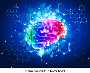 Human brain on a blue technological background surrounded by information fields, neural networks, Internet webs - the concept of modern technology, biotechnology, artificial intelligence. Vector draw