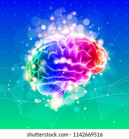Human brain on a blue technological background surrounded by information fields, neural networks, Internet webs - the concept of modern technology, biotechnology, artificial intelligence. Vector draw