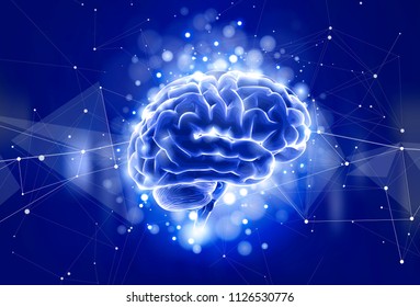 Human brain on a color technological background surrounded by information fields, neural networks, Internet webs - the concept of modern technology, biotechnology, artificial intelligence. Vector draw