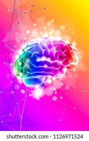 Menschliches Gehirn auf buntem technologischem Hintergrund, umgeben von Informationsfeldern, neuronalen Netzen, Internet-Netzen - das Konzept der modernen Technologie, Biotechnologie, künstliche Intelligenz. Vektorgrafik