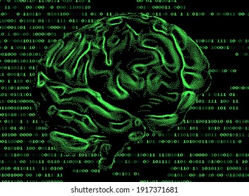 El cerebro humano en el fondo oscuro con código binario. Ilustración 3D del cerebrum hecho en estilo de arte de píxeles de cyberpunk refrofuturista.