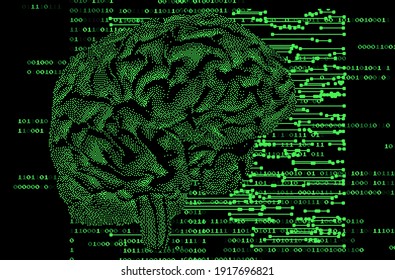 Human brain on the dark background with binary code. 3D illustration of the cerebrum made in refrofuturistic cyberpunk pixel art style.