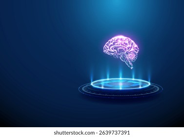 Human brain on futuristic podium. Artificial intelligence, neuroscience, cognitive technologies and brain-computer interface concept. Modern 3D graphic with neon lighting and light beams. Vector.