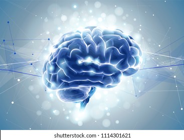 Human brain on a gray technological background surrounded by information fields, neural networks, Internet webs - the concept of modern technology, biotechnology, artificial intelligence / vector draw