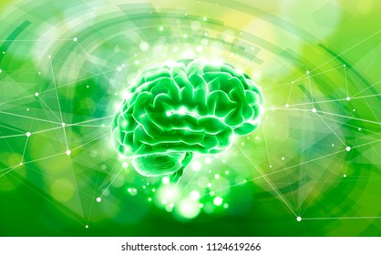 Human brain on a green technological background surrounded by information fields, neural networks, Internet webs - the concept of modern technology, biotechnology, artificial intelligence. Vector draw