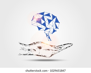 Human brain on hand represents thinking of new idea. Concept of technology and innovation. Vector illustration.
