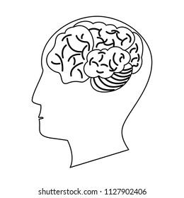 Human brain on head in black and white