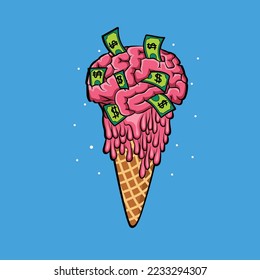Human brain on ice-cream melting  money background 