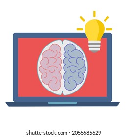 Un cerebro humano en la pantalla de un portátil con bombilla amarilla brillante, concepto de buena idea