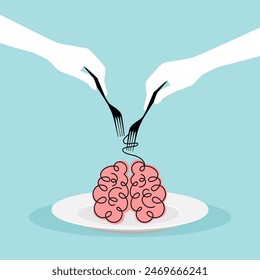 Human brain on a plate. Female hands hold a fork and twist the brain. Confused thoughts concept psychotherapy concept
