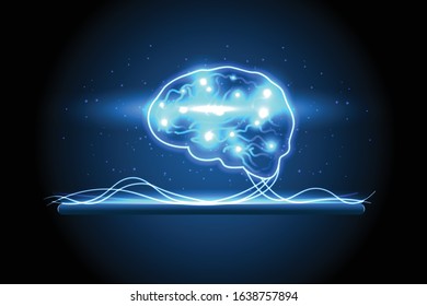 Human brain on tablet. Digital human brain. artificial intelligence virtual emulation science technology concept