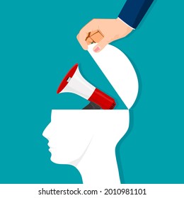 The human brain is opened with an advertising megaphone. vector illustration