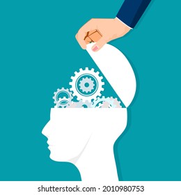 The human brain is opened with a gear mechanism. vector illustration