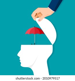 The human brain is opened with an umbrella of protection. vector illustration