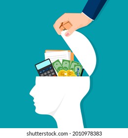 The human brain opens with financial documents. Financial and business concepts. vector illustration